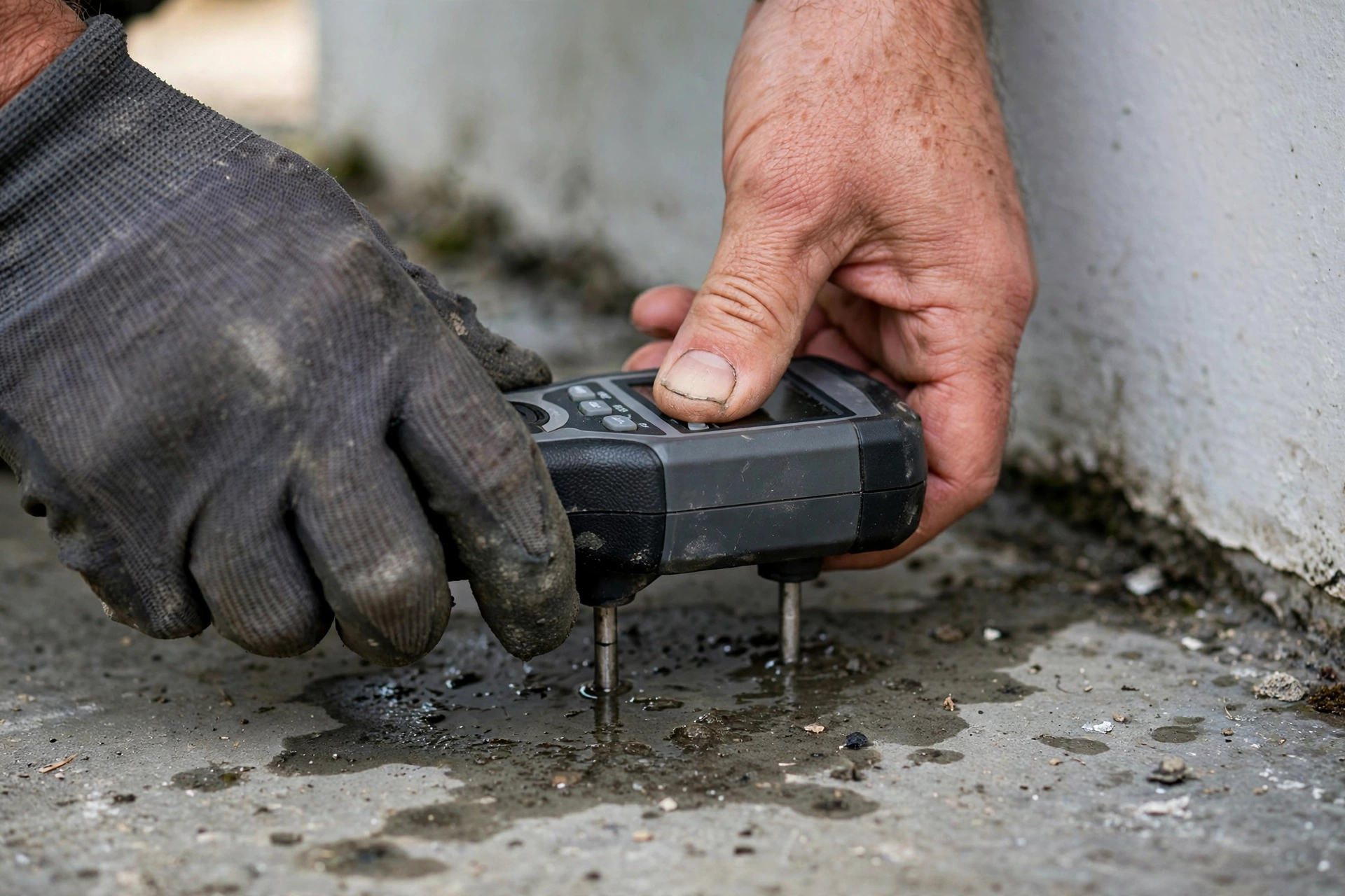 Moisture meter distinguishing supply from sewer leak signs
