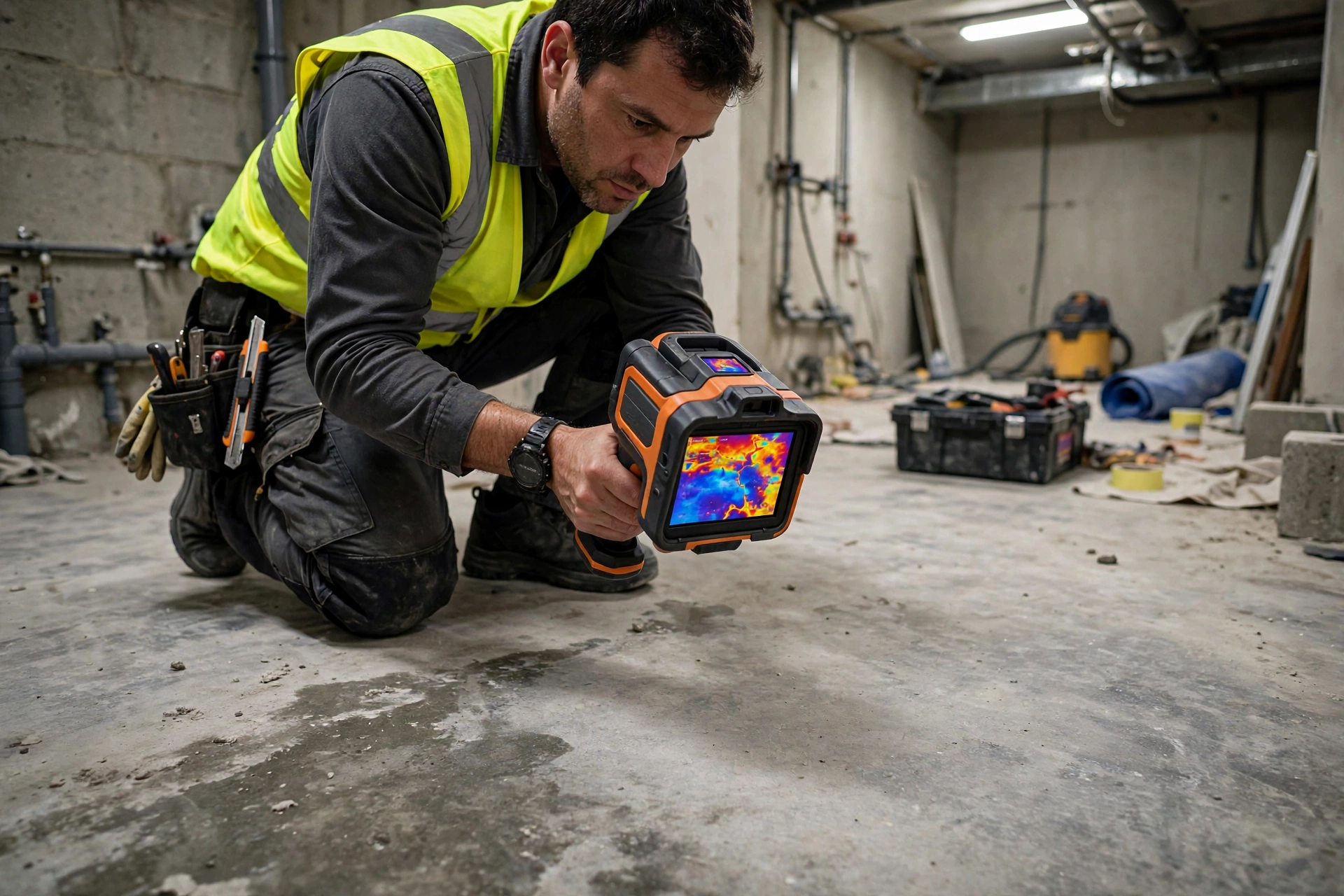 Thermal camera revealing a hot water line leak